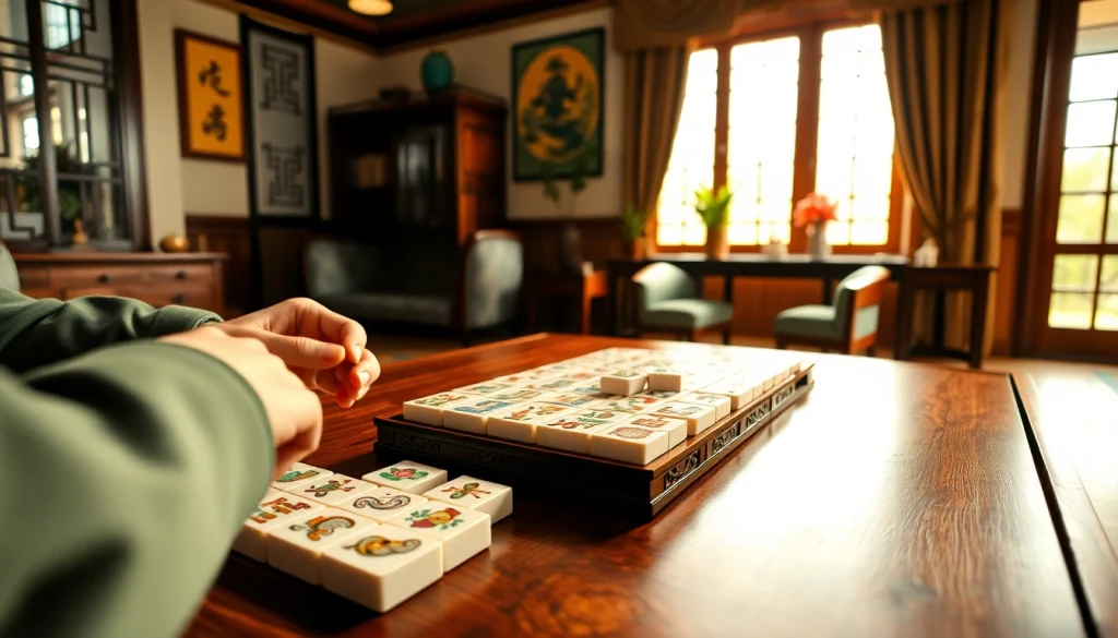 Menggambarkan mahjong di atas meja kayu dengan suasana hangat, menunjukkan permainan yang menyenangkan.