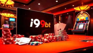 Exciting online gambling scene featuring i9bet logo, poker chips, and roulette elements.