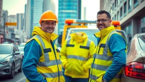 Assist with reliable car recovery service at https://trtrecoveryuae.com in a vibrant urban setting.