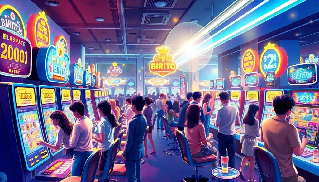 Adegan permainan Birutoto online yang menarik menampilkan beragam pemain pada mesin slot yang berwarna-warni.