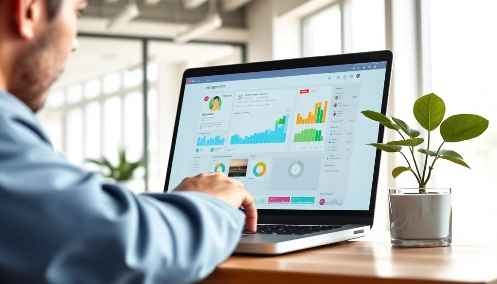 Engaging view of a user interacting with an Instagram smm panel on a laptop in a vibrant office environment.