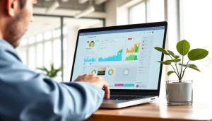 Engaging view of a user interacting with an Instagram smm panel on a laptop in a vibrant office environment.