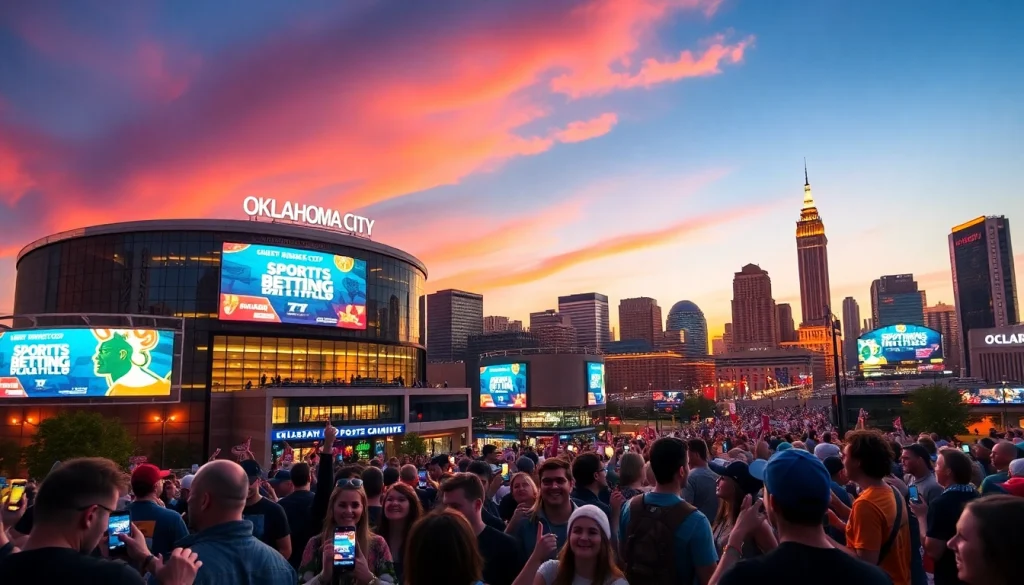 Engaged fans participating in sports betting in Oklahoma with a city skyline backdrop.