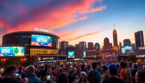 Engaged fans participating in sports betting in Oklahoma with a city skyline backdrop.