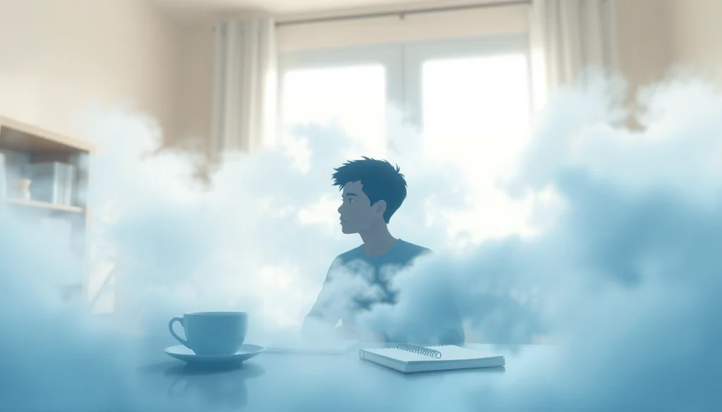Person experiencing brain fog while working at a home office, thoughts obscured by clouds.