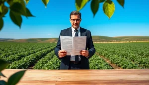 Agriculture lawyer reviewing documents in a serene agricultural setting with crops.
