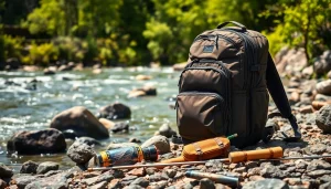 Engaging fly fishing backpack highlighting its storage features on a riverbank.