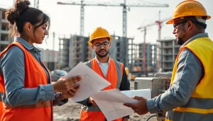 Showcase of careers in construction with diverse workers engaging on a building site.