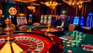 Playing poker at V9 bet with vibrant chips and an exciting roulette wheel in the background.