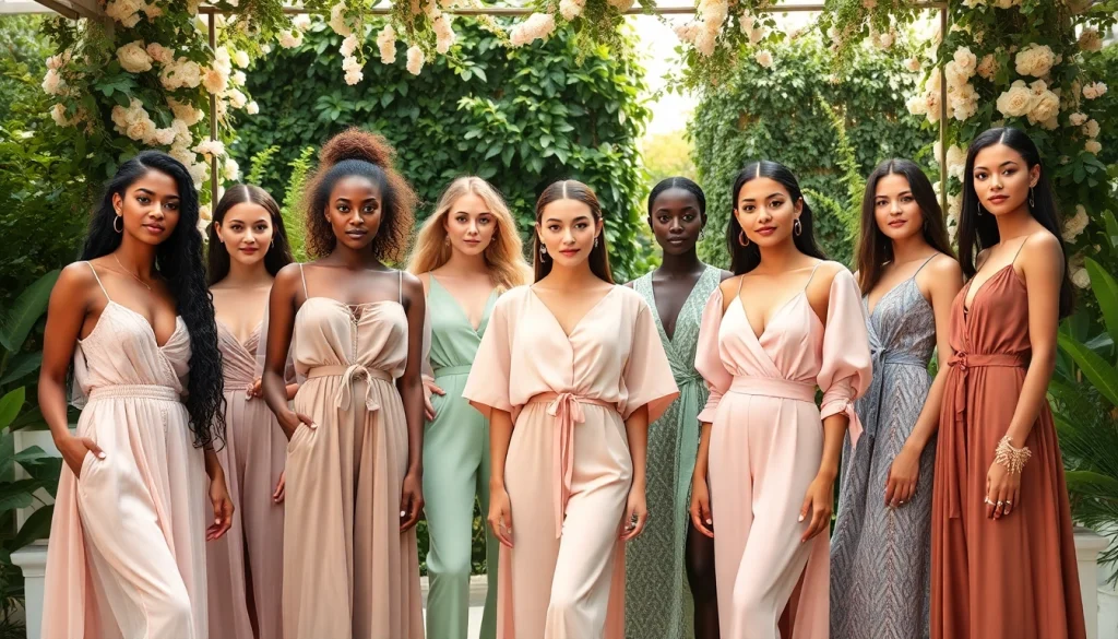 Rivelle showcases elegant fashion through diverse models in a serene garden setting.