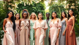 Rivelle showcases elegant fashion through diverse models in a serene garden setting.