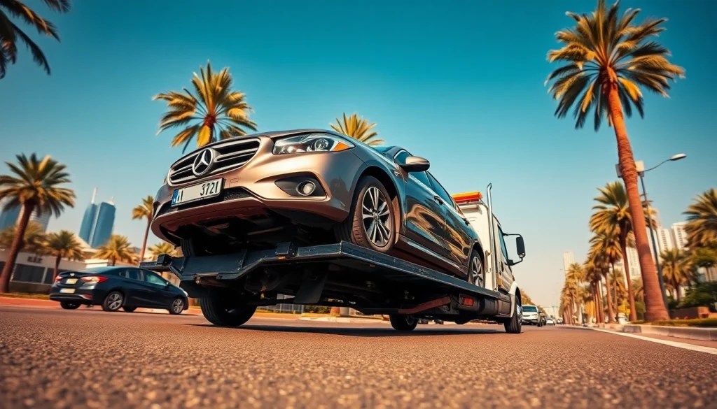 Fast car recovery service from https://trtrecoveryuae.com in Dubai showcasing a tow truck assisting a stranded vehicle.