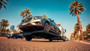 Fast car recovery service from https://trtrecoveryuae.com in Dubai showcasing a tow truck assisting a stranded vehicle.