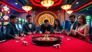 Engaged players enjoying the thrilling atmosphere at Nhà cái OK365 casino with vibrant game elements.