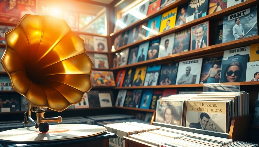 Admiring diverse gramaphone records in a cozy, inviting record shop atmosphere.