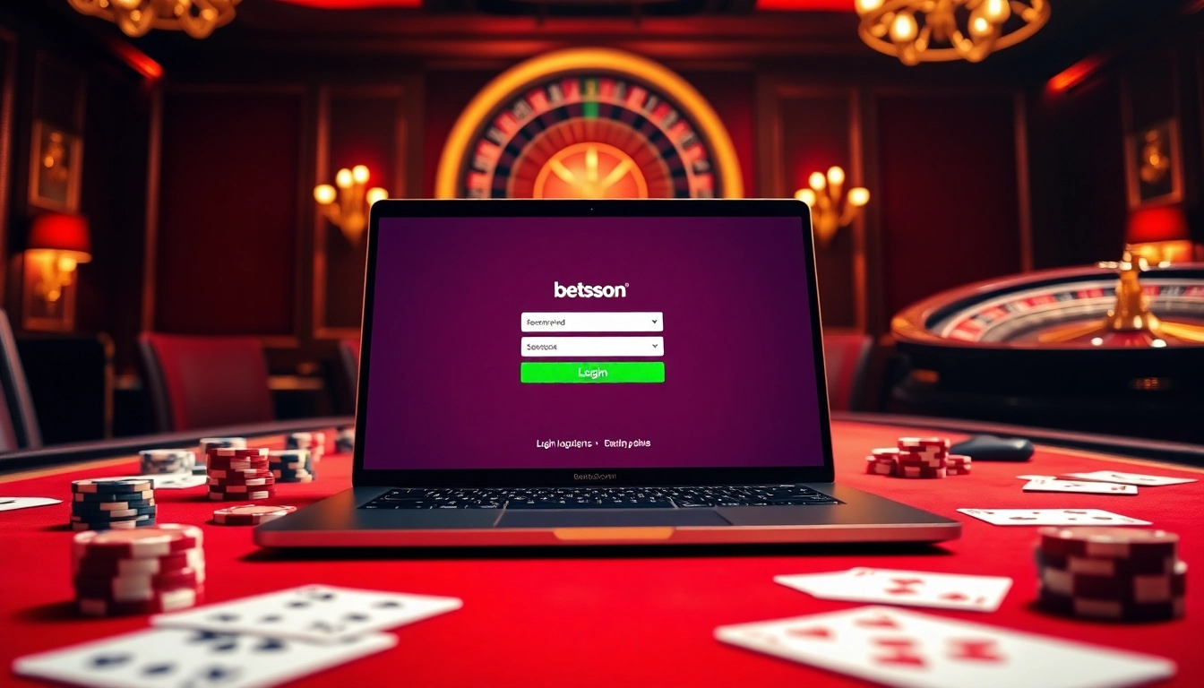 Engaging Betsson Login interface on a laptop amidst luxurious casino elements.