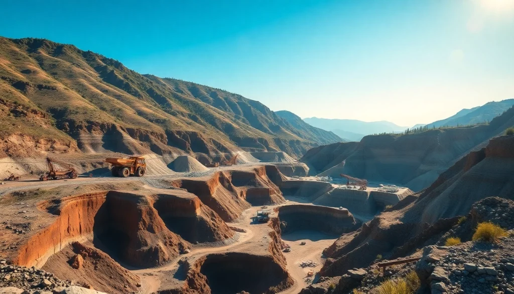 Explore mines set in a breathtaking mountain landscape, emphasizing vast excavations and natural beauty.