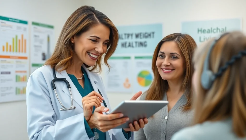 Healthcare provider explains Oral Weight Loss Treatments to a patient in a welcoming clinic.