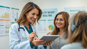 Healthcare provider explains Oral Weight Loss Treatments to a patient in a welcoming clinic.