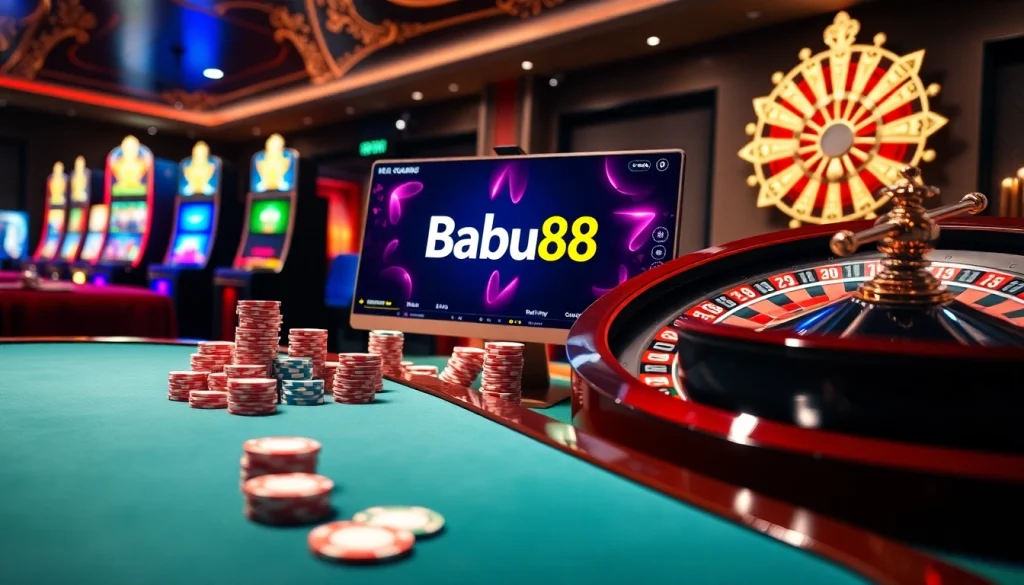 Experience the thrill of Babu88 at a vibrant casino table environment with exciting slot machines.