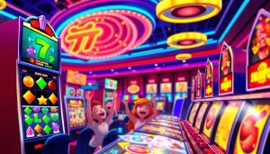 Menangkan slot bet kecil dalam suasana kasino yang ceria dengan pemain berinteraksi.