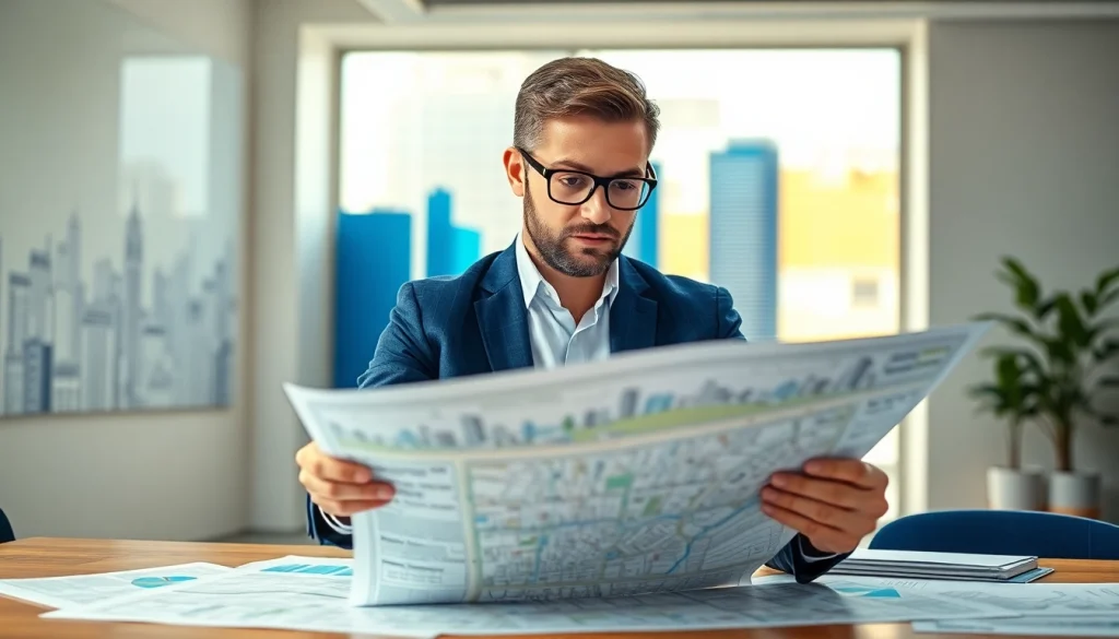 Visualize a town planner analyzing city maps at https://2020group.co.za's offices to illustrate urban development.