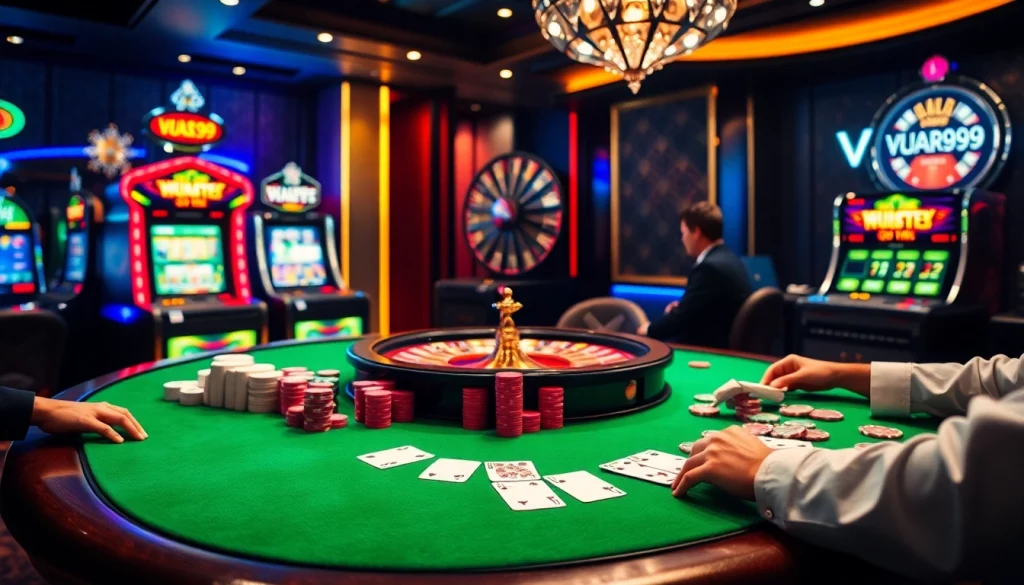 Experience thrilling gaming moments at VUA99 casino with vibrant tables and excited players.