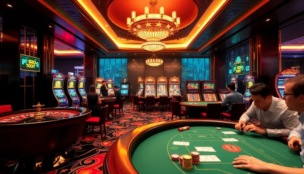 Engaging casino environment at RR88 with roulette, slot machines, and poker games.