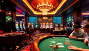 Engaging casino environment at RR88 with roulette, slot machines, and poker games.