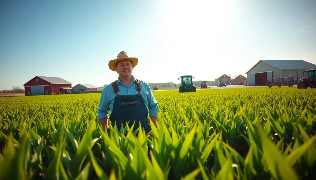 Explore agriculture law through a farmer inspecting thriving crops in a vibrant field.