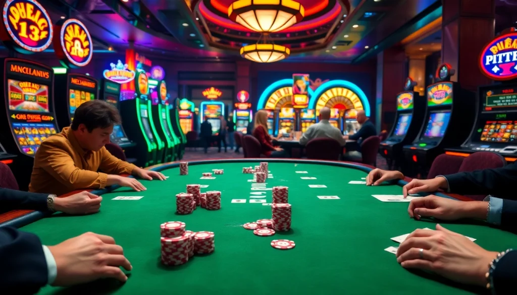 Players enjoying intense moments at nhà cái 789win casino table with vibrant slot machines.