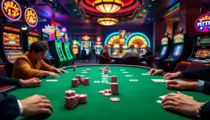 Players enjoying intense moments at nhà cái 789win casino table with vibrant slot machines.