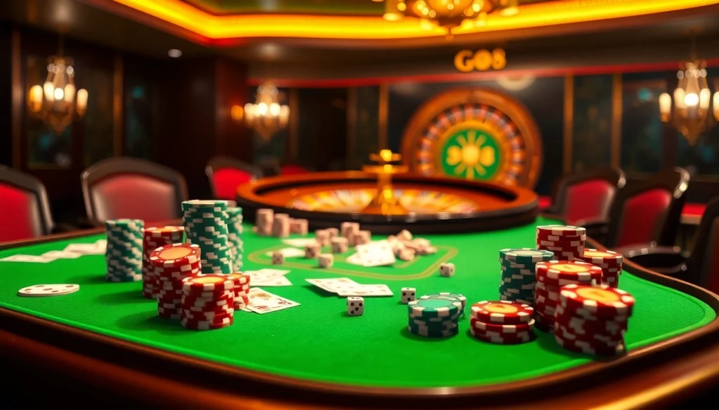 Engaging gambling experience at GO8 with vibrant poker chips and roulette wheel.