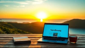 Nuvelios.org 사이트를 보여주는 노트북과 아름다운 자연 풍경