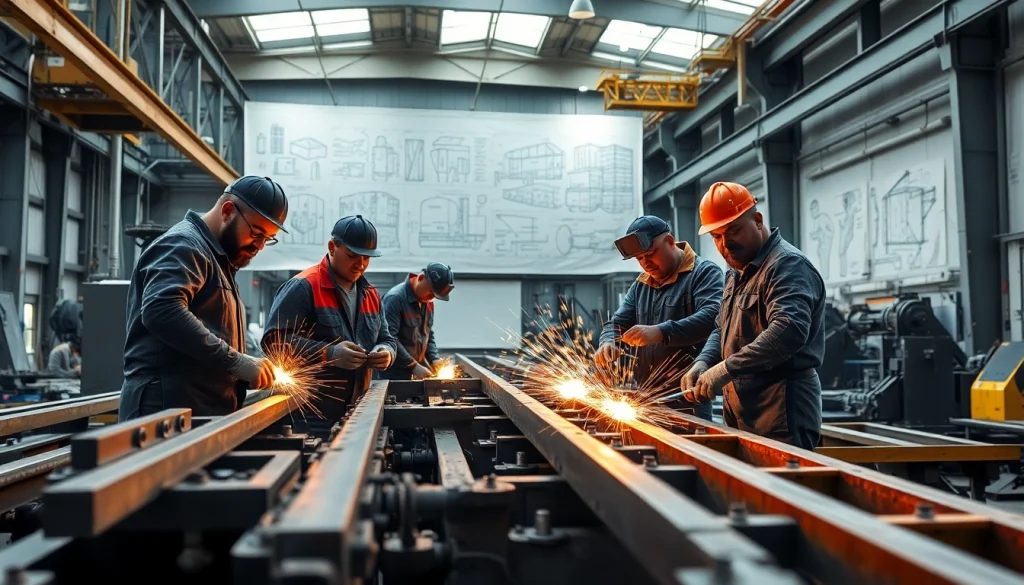 Professionals at steel fabricators near me collaborating on steel beam construction in a well-lit workshop.