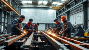 Professionals at steel fabricators near me collaborating on steel beam construction in a well-lit workshop.