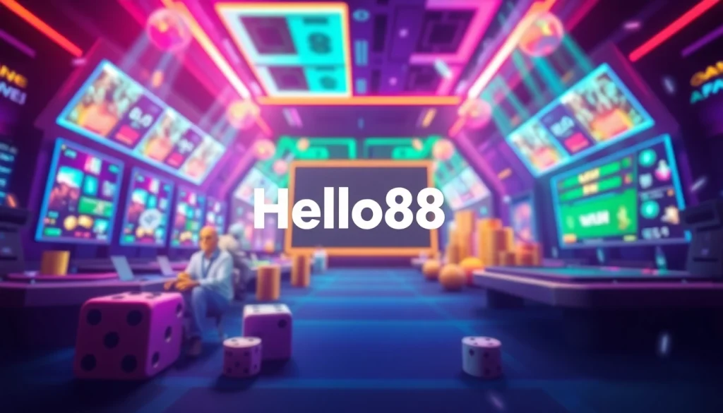 Hello88 online gaming scene with vibrant colors and exciting elements like dice and cards.