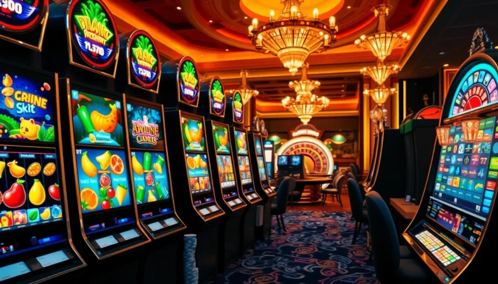 Playing online slots with vibrant themes at an upscale casino, showcasing thrilling excitement.