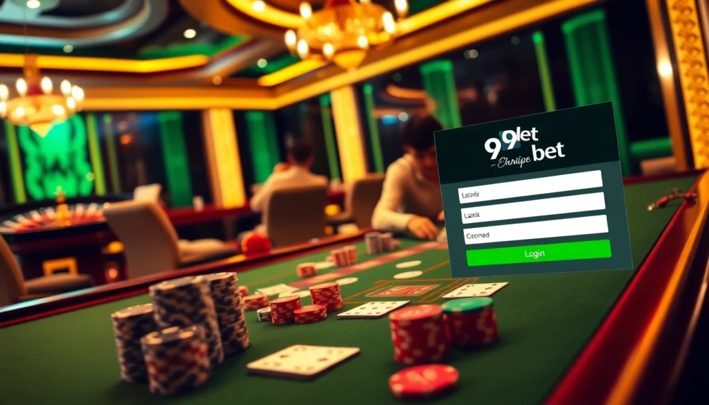 Discover the thrill of gaming with the 9Dbet Login at an elegant casino table filled with cards and chips.