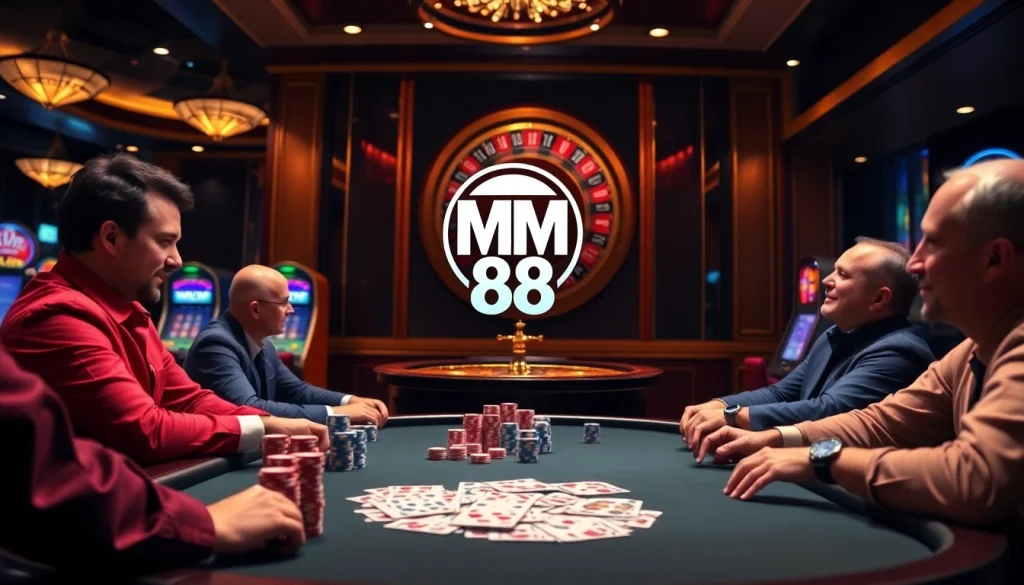 Engaging poker game at MM 88 casino with excited players, vibrant chips, and cards.