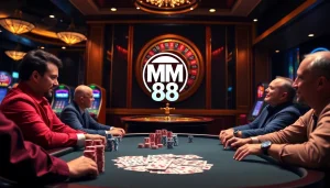 Engaging poker game at MM 88 casino with excited players, vibrant chips, and cards.