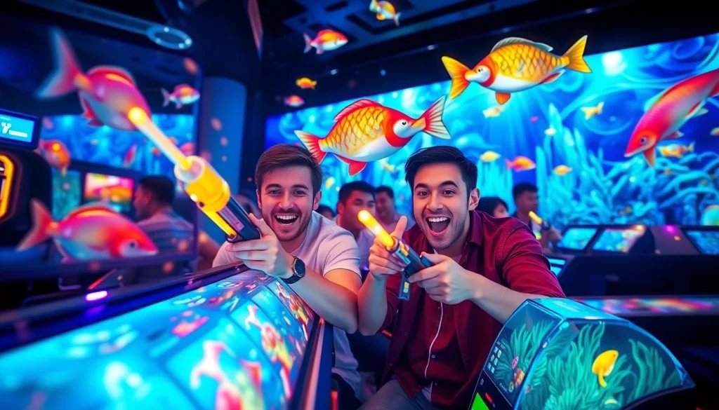 Bắn cá đổi thưởng scene with animated players and colorful underwater visuals, capturing gambling excitement.