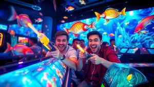 Bắn cá đổi thưởng scene with animated players and colorful underwater visuals, capturing gambling excitement.