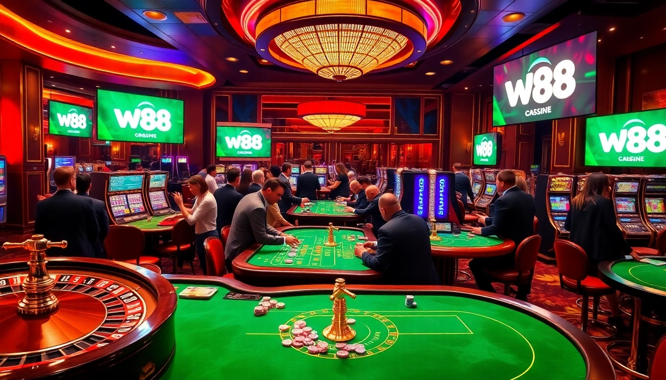 Excited players engaging in thrilling games at W88 casino tables with vibrant roulette and slot machines.