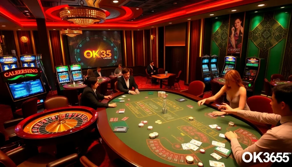Exciting gambling scene at Nhà cái OK365 with poker, roulette, and vibrant gameplay.