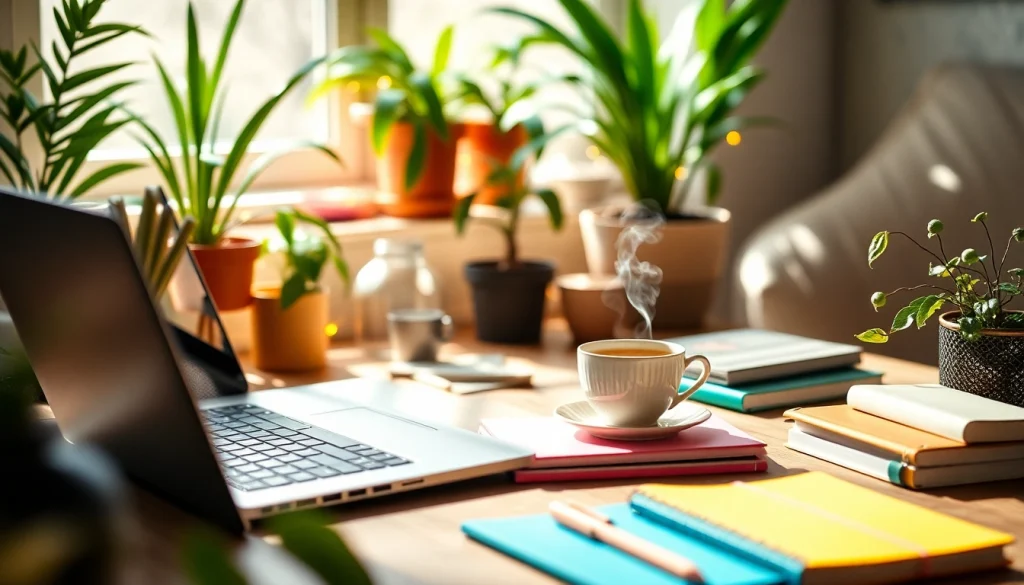 Engaging workspace of a UK Lifestyle Blog showcasing creativity and comfort with personal touches.