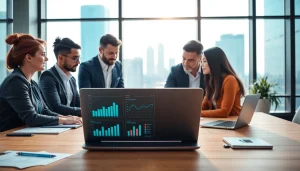 A team collaborating on competitive intelligence strategies with modern technology in a bright office.