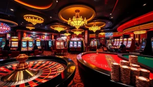 High-energy gambling scene with vibrant Casino elements at https://thabetc.net/, including roulette and poker games.