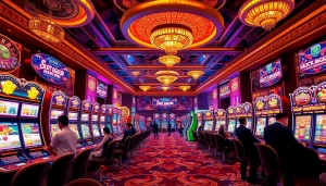 Slot Gacor Hari ini engaging players in a luxurious casino scene with vibrant slot machines and excitement.