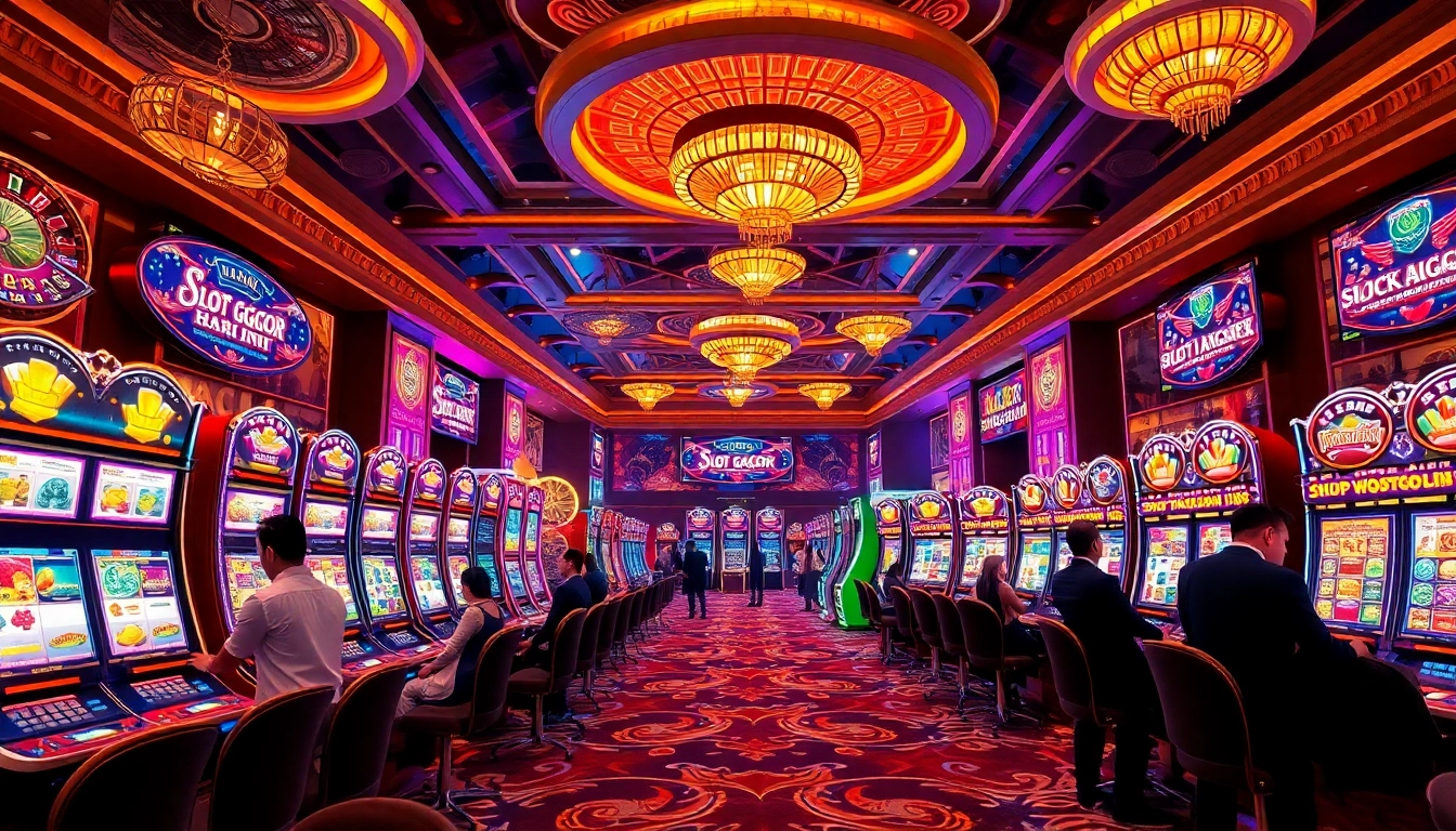 Slot Gacor Hari ini engaging players in a luxurious casino scene with vibrant slot machines and excitement.